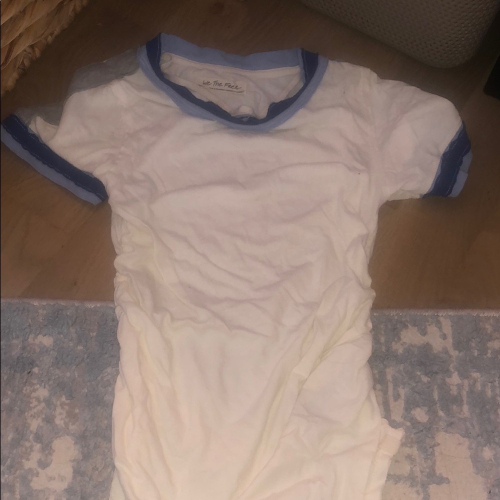 Free People White and Blue Short Sleeve Ringer Tee
